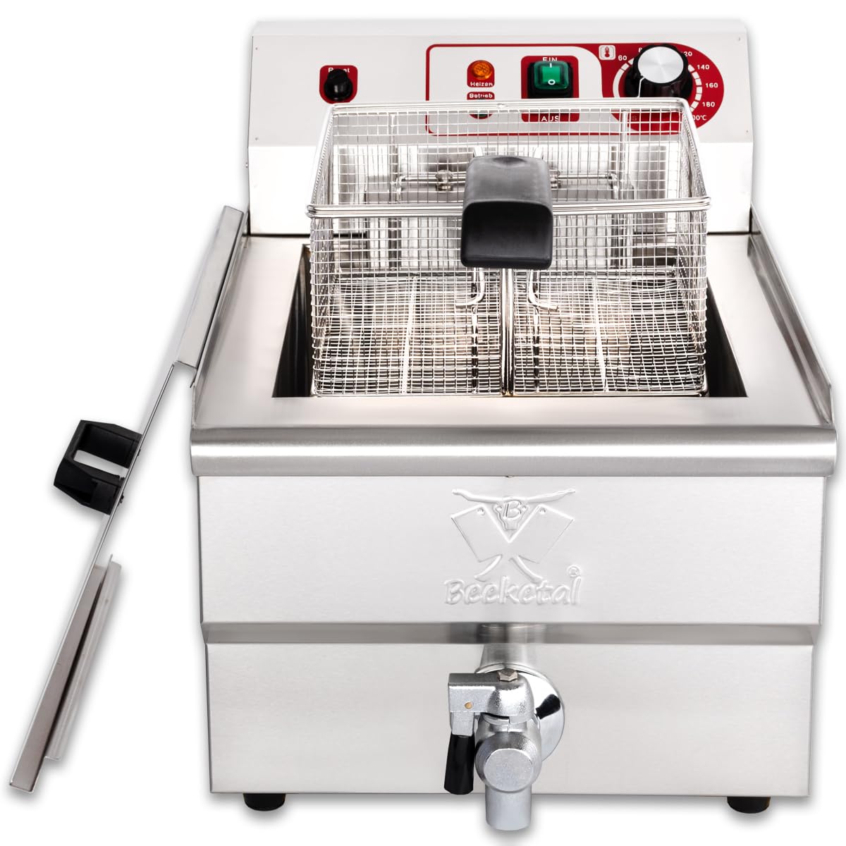 Beeketal BWF-161 Profi Kaltzonen-Fritteuse, 16L Edelstahl Gastro Fritteuse für Imbiss, mit 11L Ölmenge, Doppelheizung und Ablaufhahn
