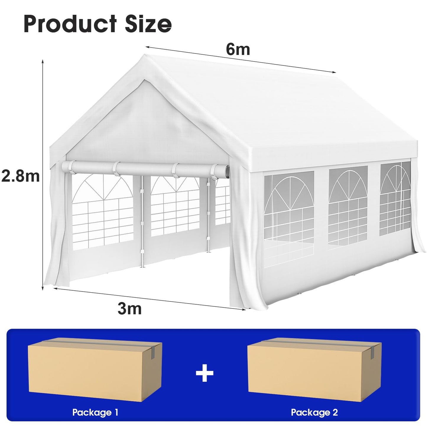 Homall Partyzelt 3x6 m,Metall Gestell Gartenzelt,Pavillon Wasserdicht 560g/m² PE-Plane,Zelt Stabil-18 Bodenhaken 4 Windfesten Seilen,UV-Schutz 50+Große Luxus Hochzeitszelt Gartenpavillon18m²,Weiß