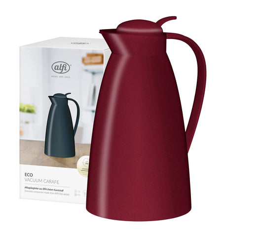 alfi ECO 1,0l, ruby red, Isolierkanne mit hygienischem Hartglaseinsatz aus Kunststoff, Drehverschluss mit bequemer Drucktaste, Ausgießen mit einer Hand, ideal als Kaffeekanne, Teekanne, BPA-frei