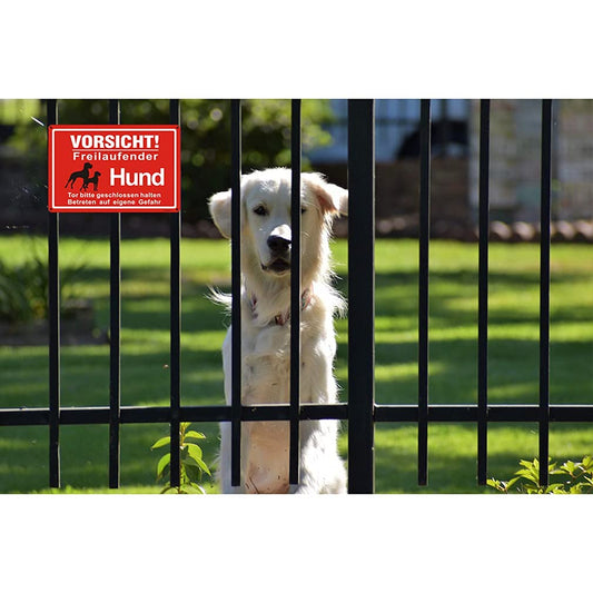 Goodvia Freilaufender Hund Schild Metall 20 * 30cm, Achtung Hunde Schild Vorsicht Freilaufender Hund Aluminium Reflektierendes Schilder Warnung vor Dem Hund, Innen und Außen Anwendbar