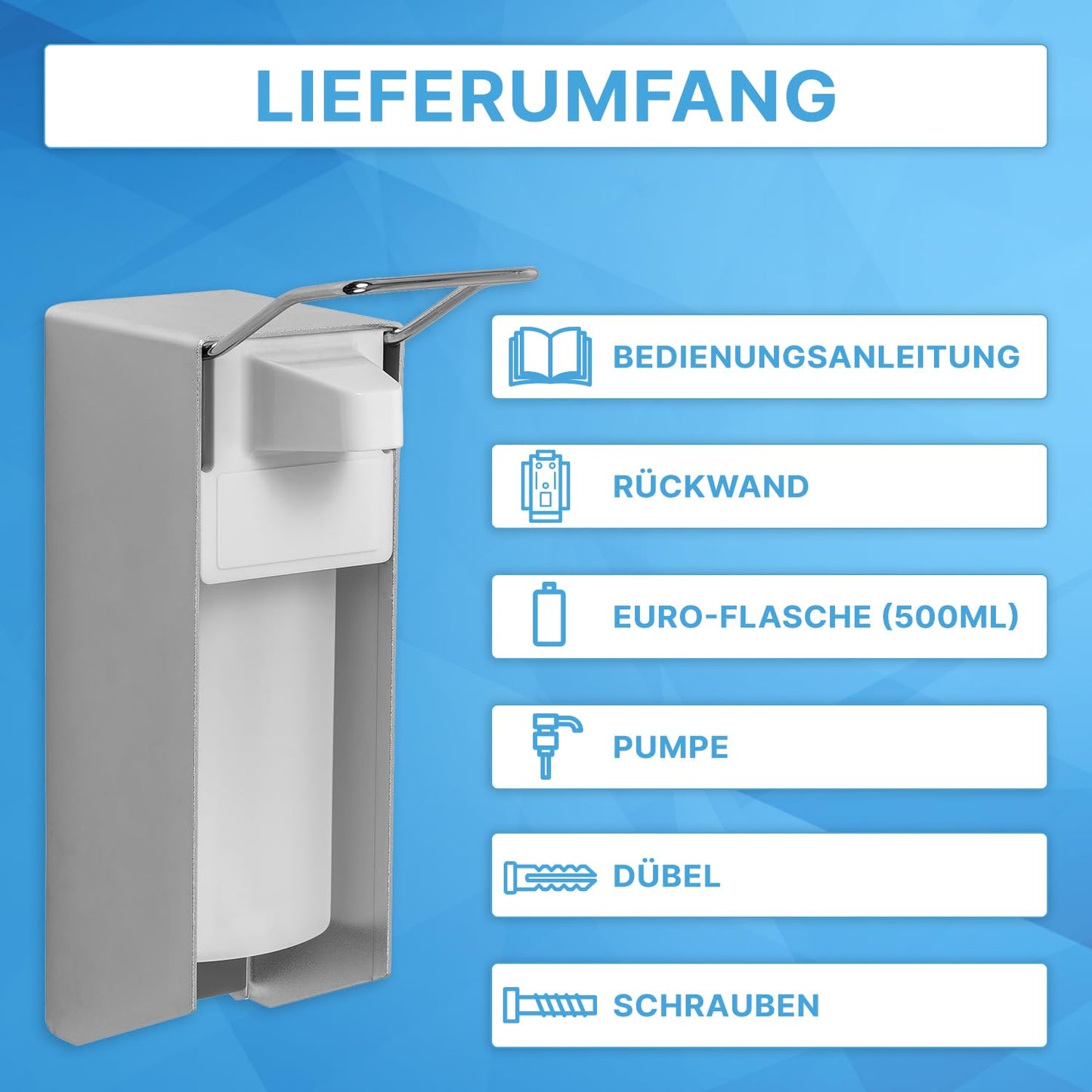 1x ARNOMED Desinfektionsspender Aluminium, Seifenspender für 500ml, kurzer Armhebel, Seifenspender zur Wandbefestigung, Eurospender für Desinfektionsmittel, Soap Dispenser, Desinfektionsmittelspender