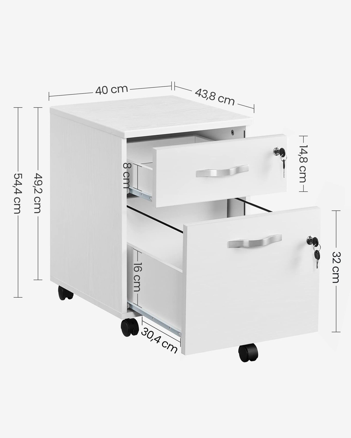 VASAGLE Rollcontainer, abschließbar, Aktenschrank mit 2 Schubladen, 5 Rollen und Verstellbarer Hängeregistratur, strukturierte Oberfläche, für Dokumente im A4- und Letter-Format, weiß LCD22WV1