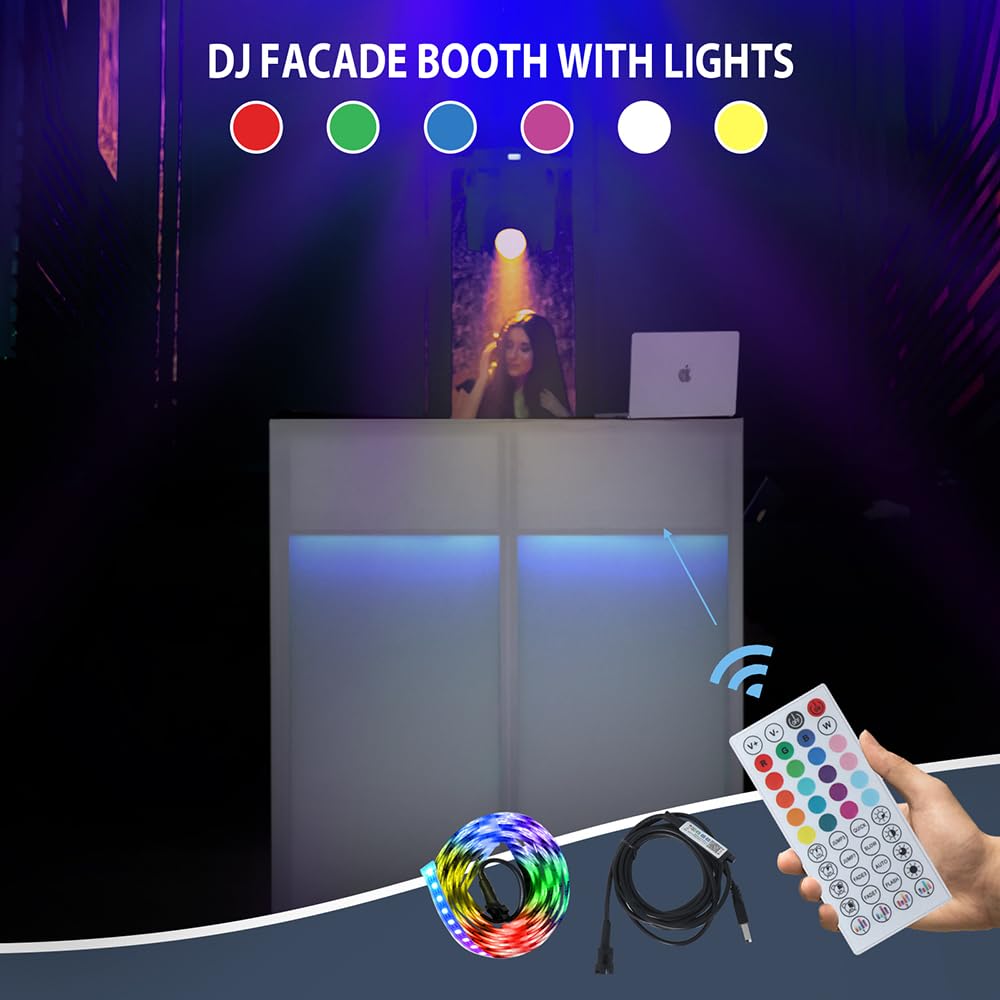 SMONTER Tragbarer DJ-Tisch mit Lichtriegel & Fernbedienung - DJ Booth mit Kabeldurchführung, Dual Top Ecken, Metallrahmen, Schwarze & Weiße Scrims, 5 Verstellbare Füße und Tragetasche–104Lx50Bx115H