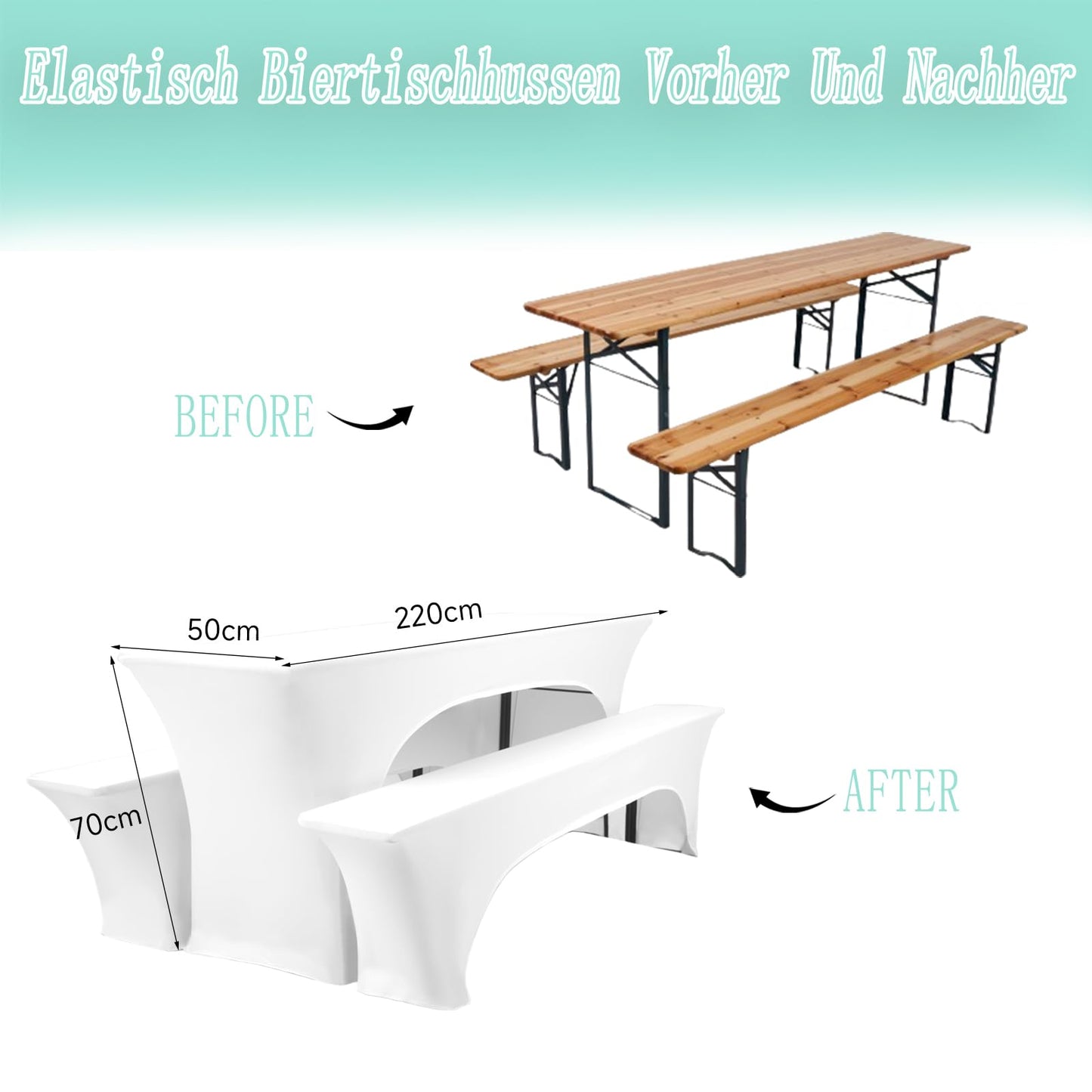 HASJOIN DREI 3er-Set Biertischhussen 220 x 50 x 70 cm, hussen bierzeltgarnitur, weiß, Stretch-Bezüge für Biertisch-und Bankgarnituren, Bierbankhussen, Spandex-Bierzeltgarnitur für Bankett