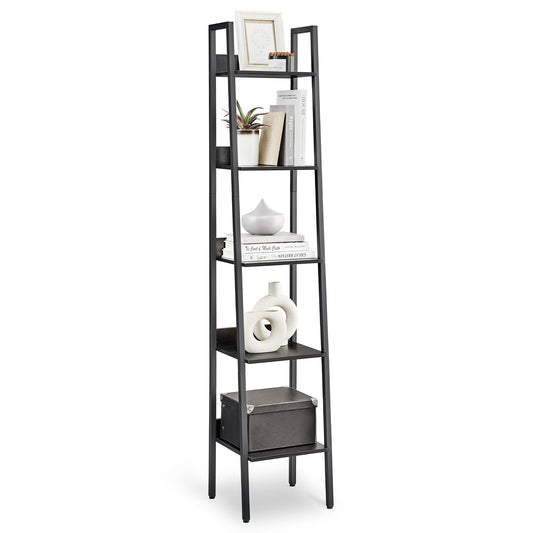 VASAGLE Bücherregal mit 4 Ebenen in schwarzer Holzoptik und schwarzem Stahlrahmen, schmales Leiterregal im Industriestil, ideal für Wohnzimmer, Arbeitszimmer oder Küche, auf neutralem Hintergrund.