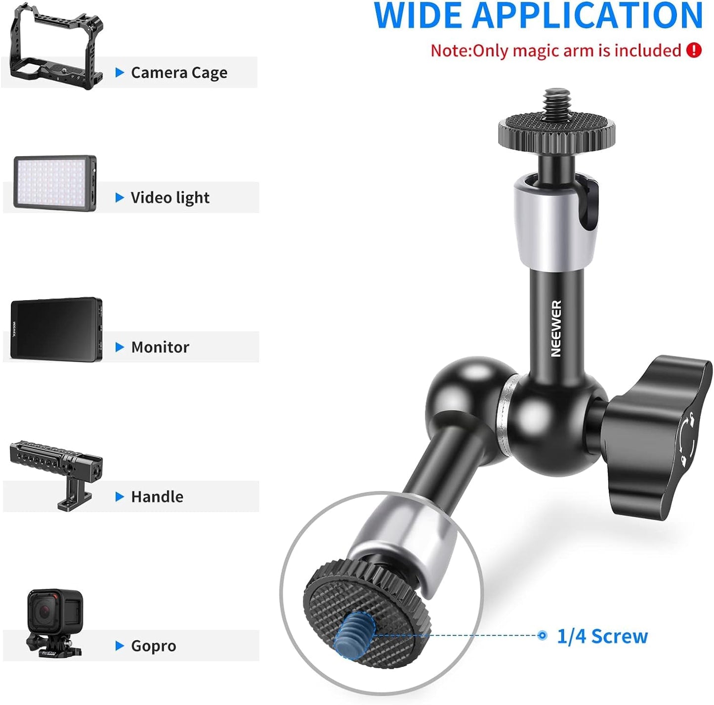 NEEWER 5.9"/15cm Verstellbarer Friktions Magic Arm mit 1/4“ Schraube an beiden Enden, kompatibel mit SmallRig Cage, Blitz/LED-Licht/Mikrofon/Monitor/SuperClip, Max Load 4.4lb/2kg, ST15