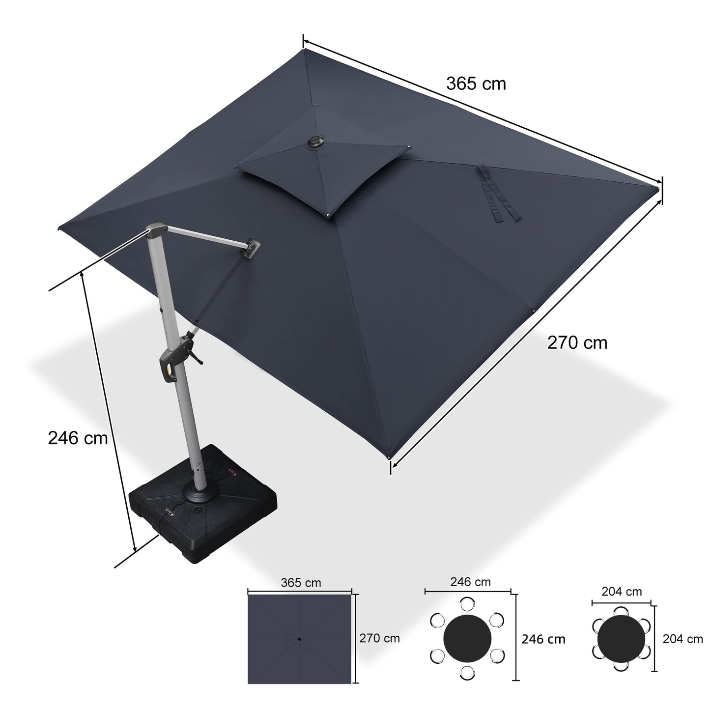 PURPLE LEAF Sonnenschirm Rechteckig 270 x 365 cm Ampelschirm Groß Stabil Marktschirm Groß 360°Rotation, Gartenschirm mit Kurbel, XXL Sonnenschutz UV50+, Grau