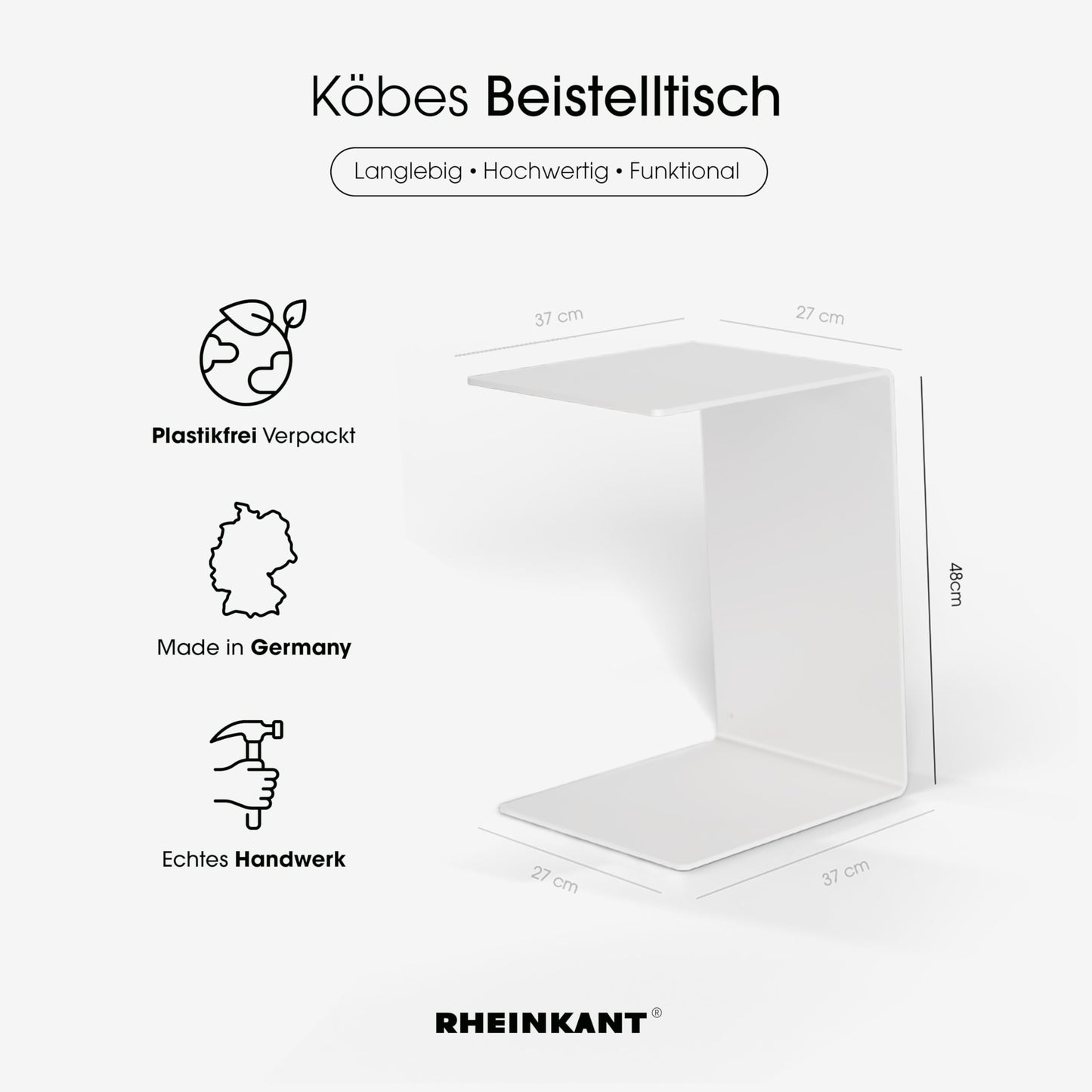 RHEINKANT KÖBES Design Beistelltisch Weiß, Made in Germany, Beistelltisch Couch C Form aus hochwertigem pulverbeschichtetem Stahl. Exklusiver Couchtisch, Sofatisch, Modern, Nachttisch