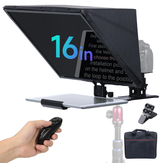 Moman MT16 16-Zoll Teleprompter für Tablet, iPad und Smartphone mit App-Steuerung und Bluetooth-Fernbedienung, kompatibel mit DSLR-Kameras und Camcordern.