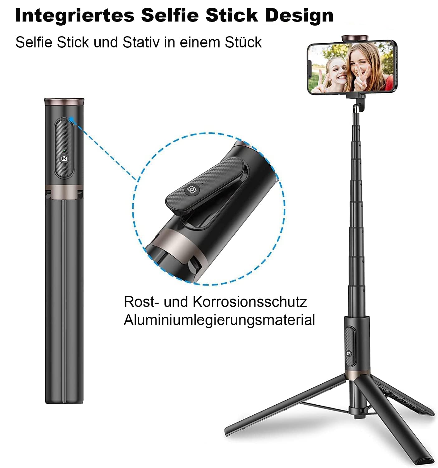 TONEOF 152CM Selfie Stick Stativ, Ausziehbar All-in-1 Handy Stativ aus Aluminium mit Kabelloser Fernbedienung und 9 Teleskopstange,Drehbar Handyhalter für iPhone/Android-Schwarz