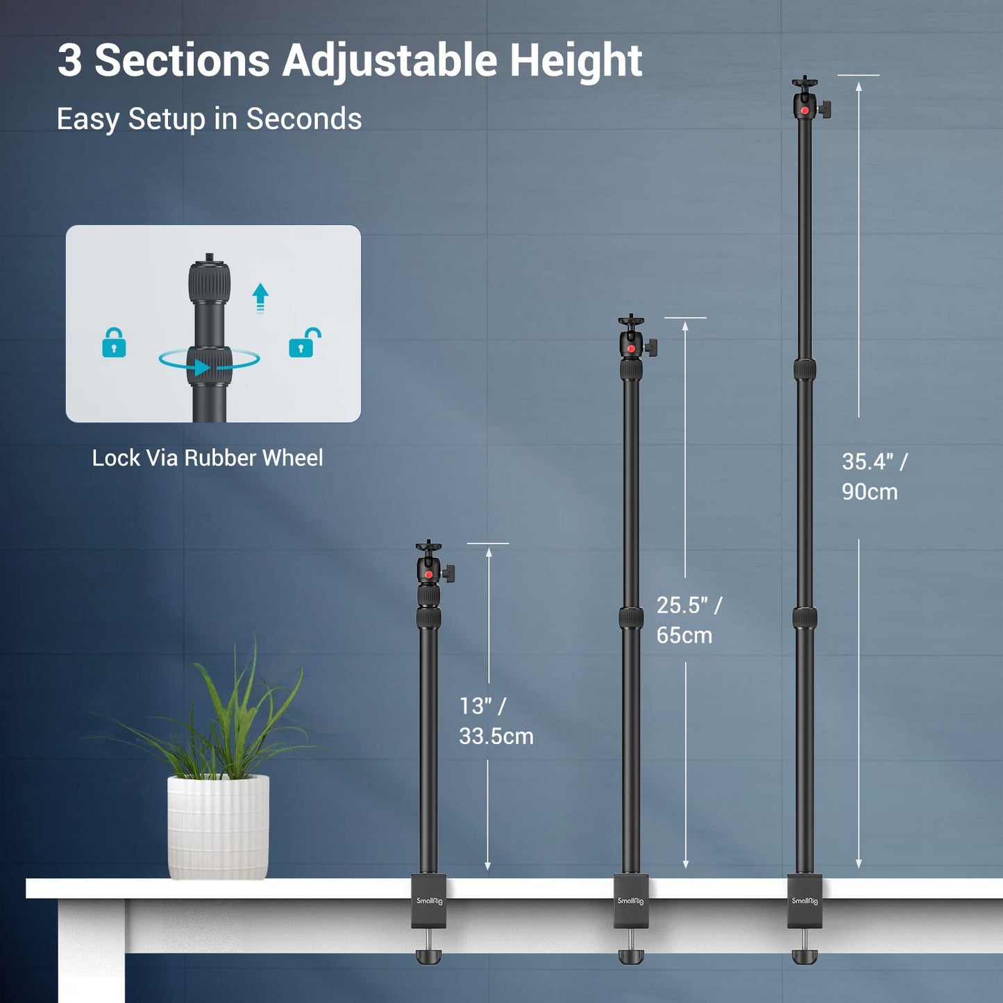 SmallRig Selection Kamera Tischstativ Lichtstativ mit 1/4"-20 Kugelkopf, 13"-35,4" verstellbares Tablet Halterung, Tisch Klemme für DSLR Kamera, Ringlicht, Live Streaming, Video Aufnahmen - 3488
