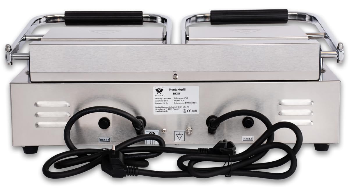 Beeketal 'BKG8' Gastro Doppelt Kontaktgrill mit Gusseisen Grillpatten (oben gerillt unten glatt) mit Fettauffangschale, Profi Edelstahl Elektrogrill ideal als Panini Grill Maker oder Sandwich Toaster