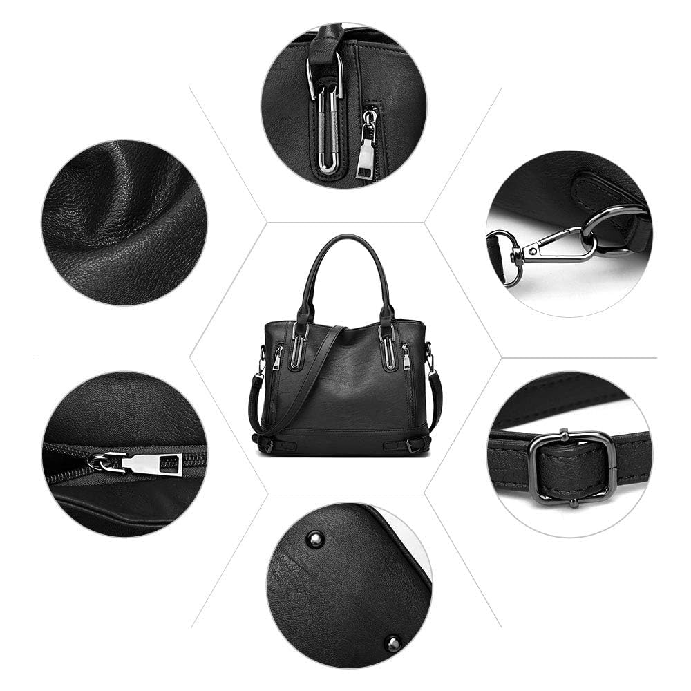 VINBAGGE Damen Handtasche Leder Henkeltasche Top Griff Tasche Vintage Weiches Umhängetasche Schultertasche für Frauen - Schwarz