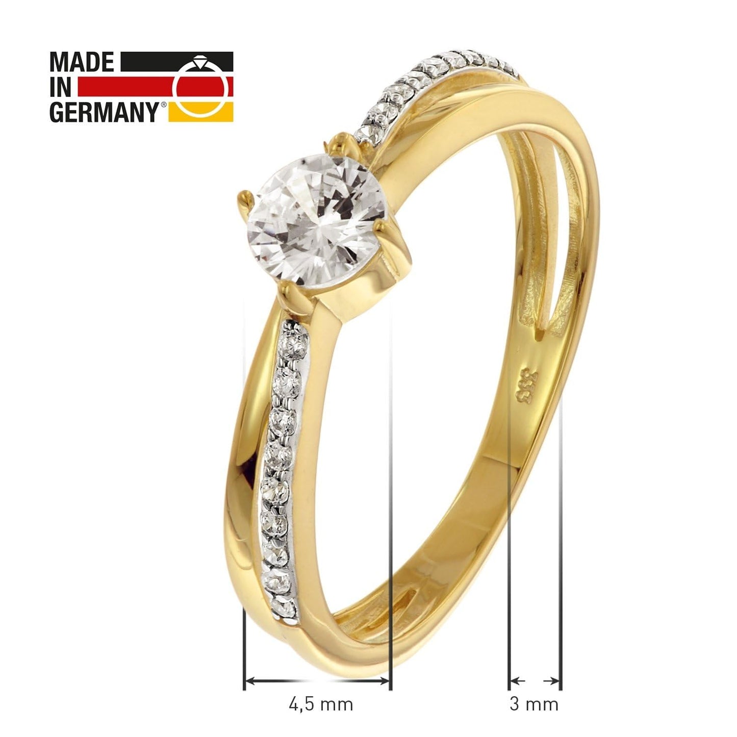 GLIZZ Damenring Gold 333/8K mit Zirkonia elegantes Schmuckstück für modische Frauen, zauberhaftes Accessoire GL8806-52 Ringgröße 52/16,6