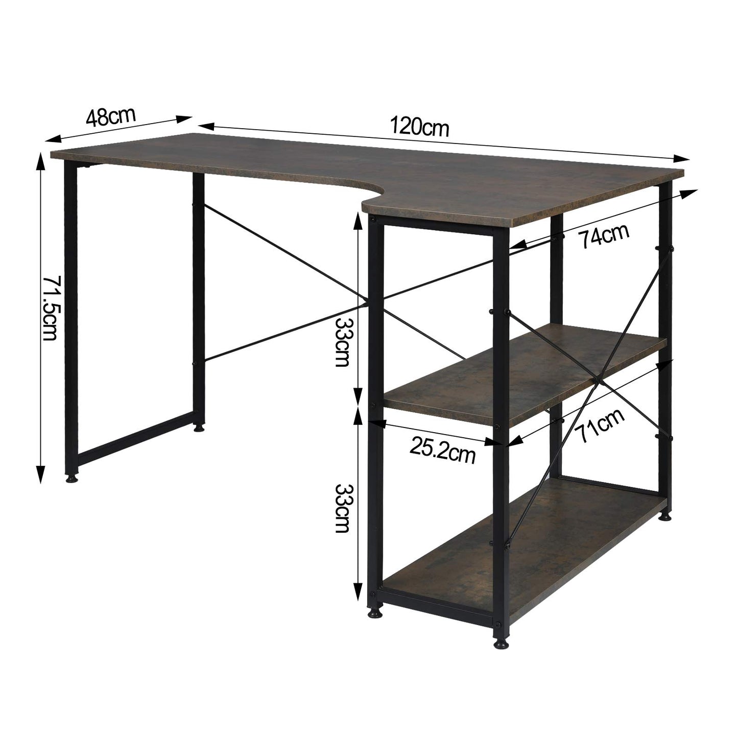 WOLTU Eckschreibtisch, L-förmiger Schreibtisch mit 2 Ablagen, Bürotisch Computertisch PC Tisch, Ecktisch Groß für Büro Homeoffice Gaming, Industrie-Design, 120x71,5x74 cm, Schwarz+Rostfarbe