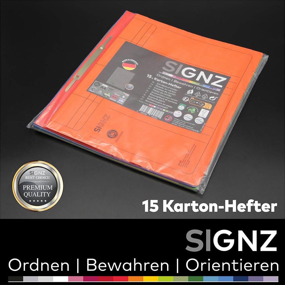 SIGNZ Schnellhefter DIN A4 aus Karton, 15 Stück, gefaltet, farblich sortiert, CO2-neutral hergestellt, made in Germany