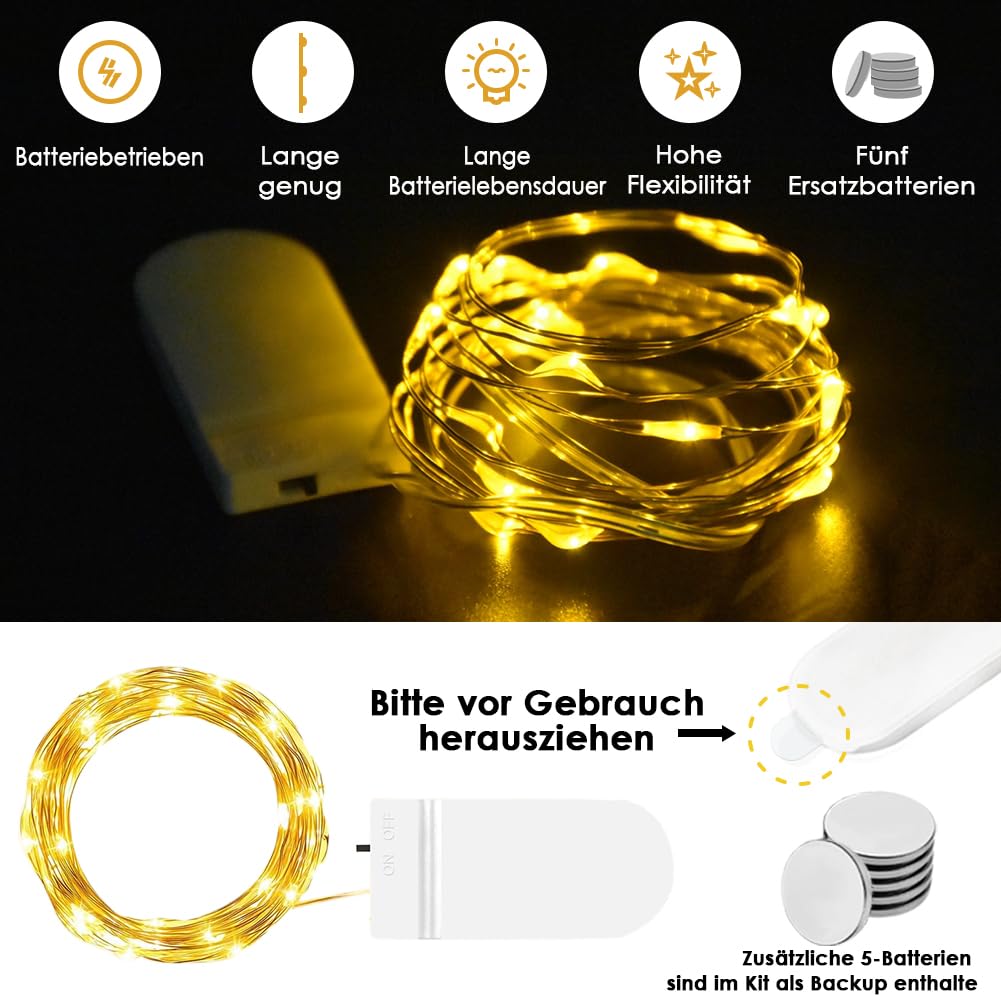 WEARXI Lichterkette Batterie, 10 Stück 2M 20 Mini LED Lichterkette mit Batterie, Lichterkette Innen, LED Lichterketten Batteriebetrieben, Lichterkette für Zimmer Deko, Hochzeitsdeko, Weihnachtsdeko
