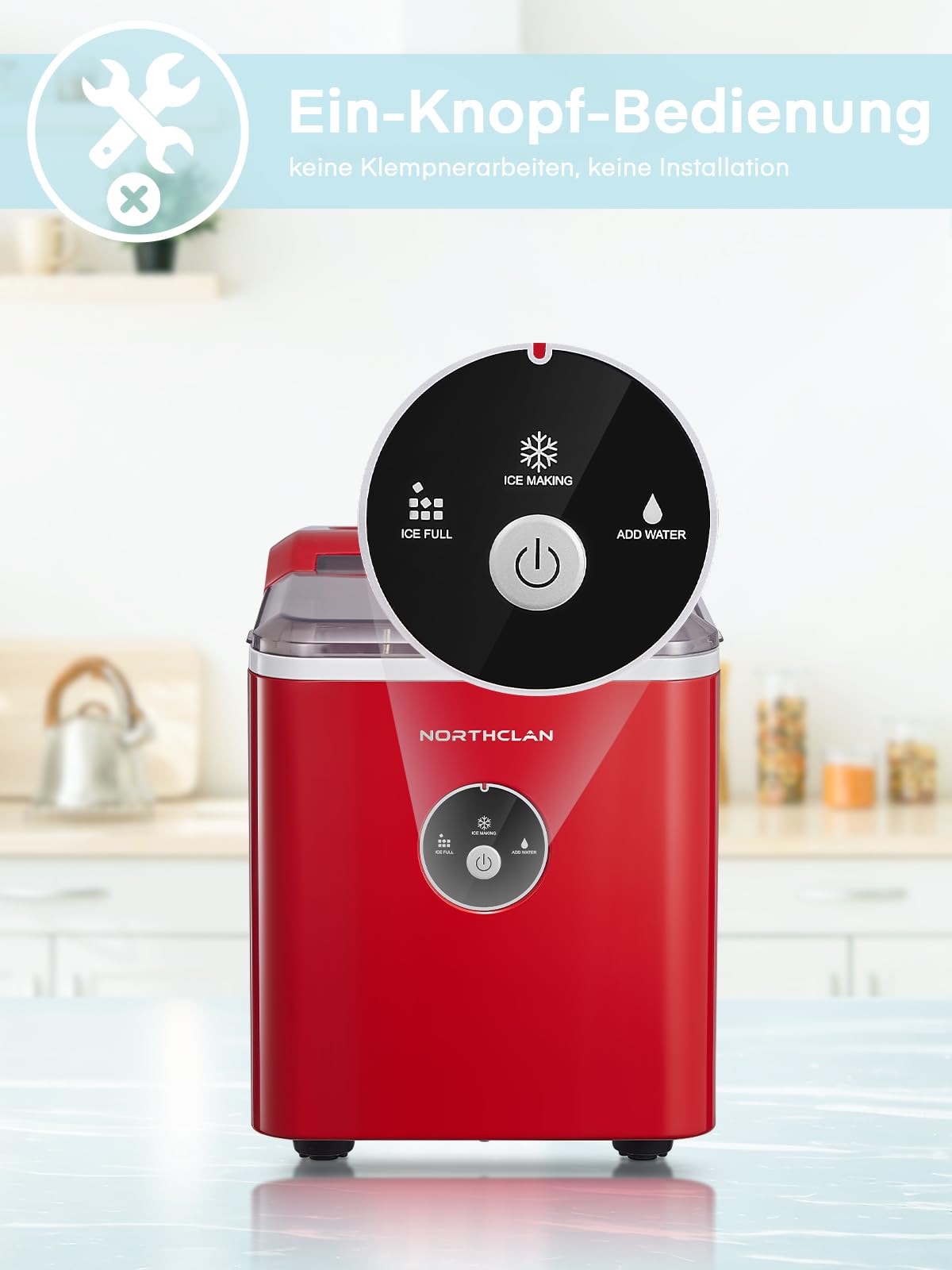Eiswürfelmaschine Testsieger 2024, 14 kg 24 Stunden, 9 Eiswürfel in 6-8 Minuten, Gerauscharmer Betrieb, 120W Ice Maker mit Schaufel u. Korb, Eiswürfelbereiter für Zuhause, Büro (Rot)