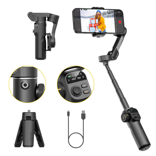 AOCHUAN Gimbal-Stabilisator für iPhone, 3-Achsen-iPhone-Gimbal mit integrierter 7,8-Zoll-Verlängerungsstange, tragbarer Gimbal-Stabilisator mit OLED-Display für iPhone/Android-Smart X2 Schwarz