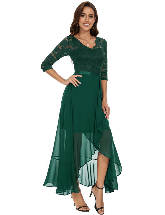 Bbonlinedress Abendkleider Langarm elegant Damen Winterkleid Spitze Chiffon V-Ausschnitt Brautjunferkleid Party Abschlusskleid Ballkleid festliches Weihnachtskleid Dark Green XL