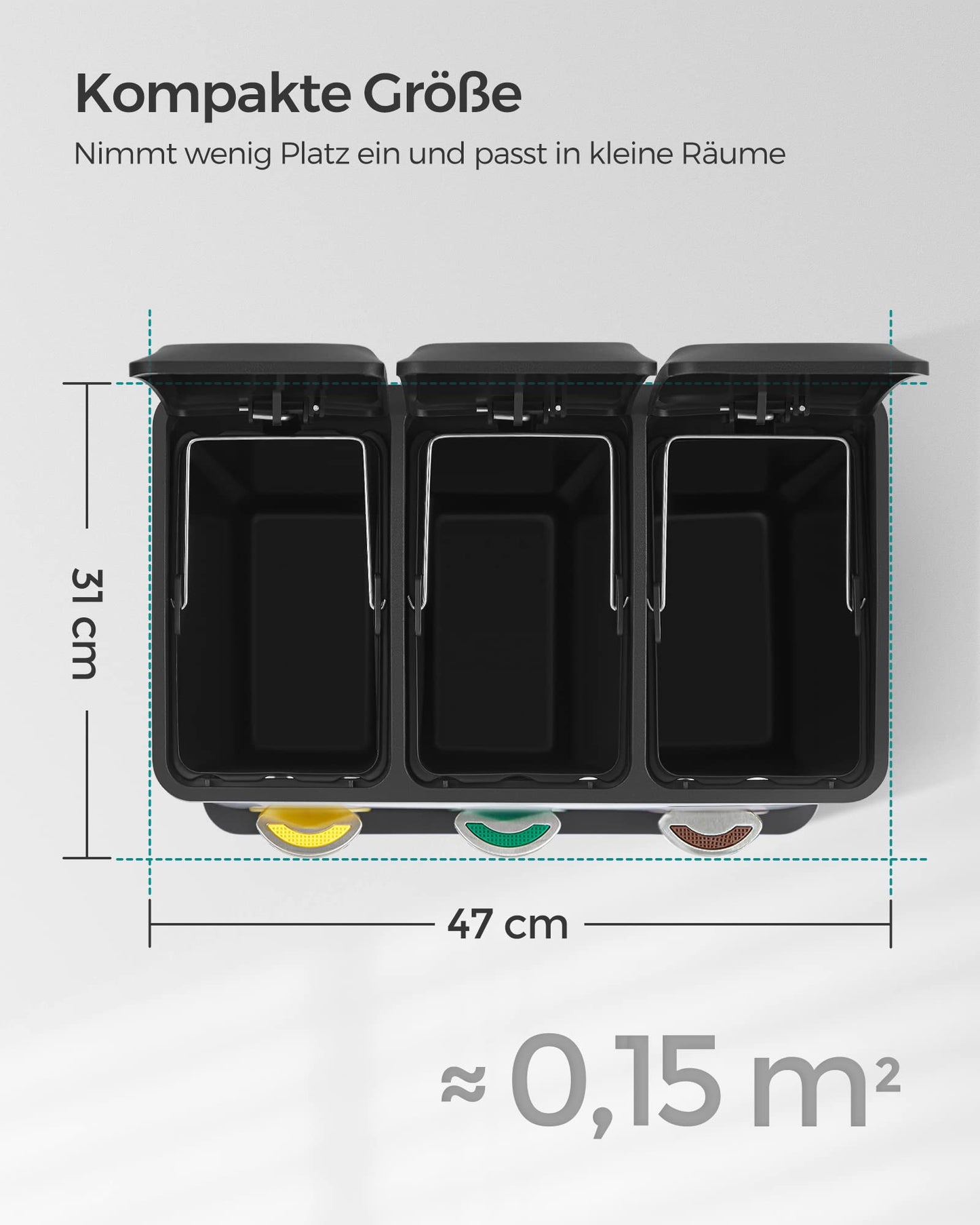 SONGMICS Mülleimer Küche, 3 x 8 L, kleine Kapazität, Mülltrennsystem 3 Fächer, Abfalleimer mit Deckel, Stahl-Treteimer für kleine Familien, Pedale und Inneneimer, silbern-schwarz LTB24L