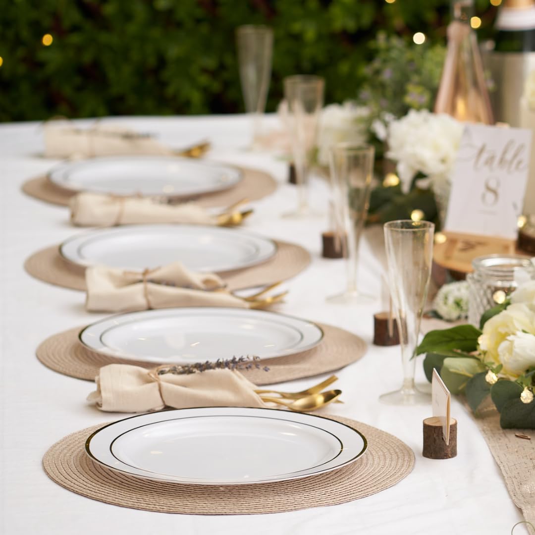 MATANA 25 Premium Weiße Plastikteller mit Goldrand, Mehrweg Kunststoffteller, 26cm - Partyteller Gold für Hochzeiten, Geburtstage, Partys - Elegantes & Stabiles Partygeschirr