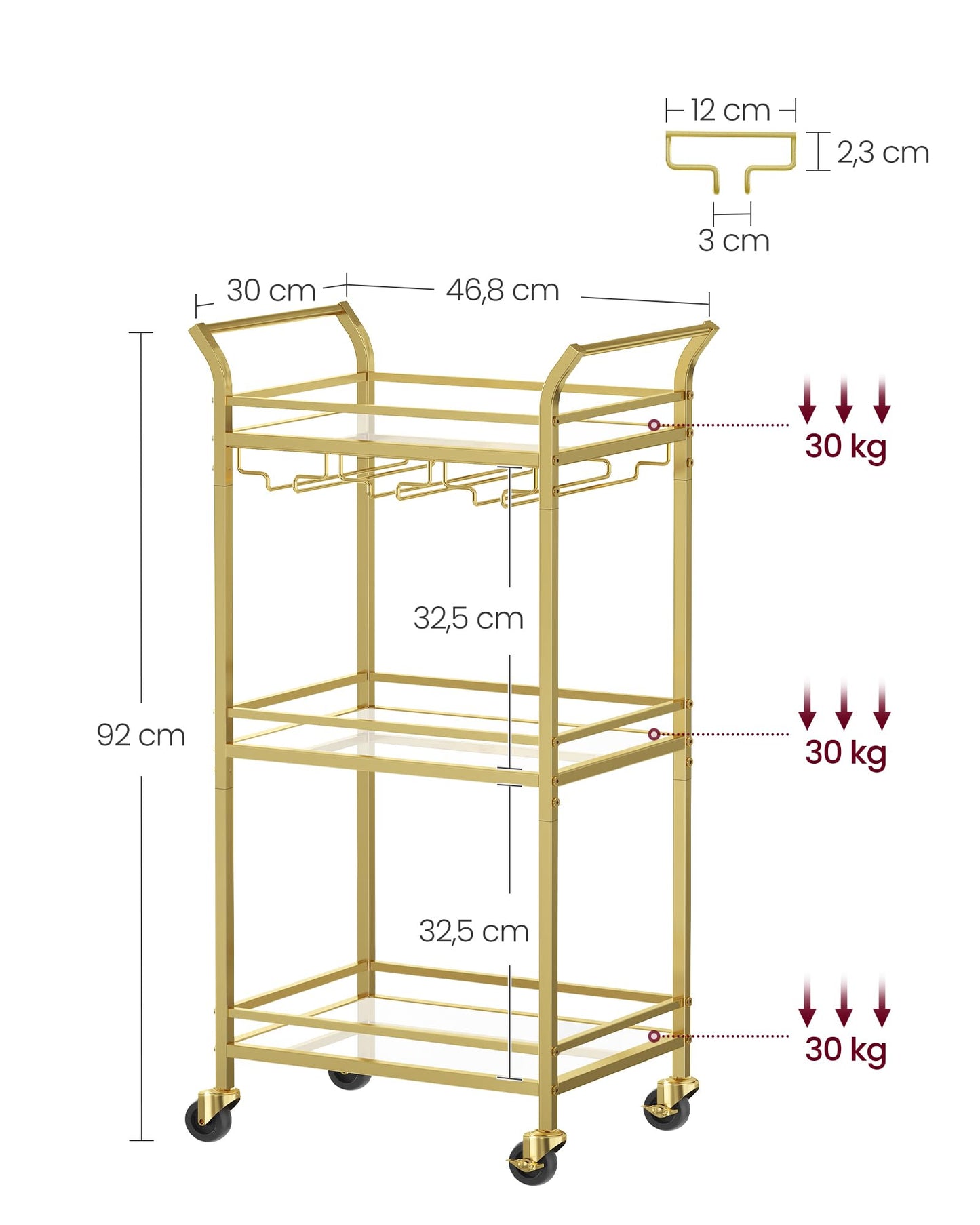 VASAGLE Servierwagen, 3 Ebenen, Rollwagen, mit Rollen, Griffen, verspiegelte Glasablagen, für kleine Räume, Küche, Esszimmer, Bar, goldfarben LRC091A62
