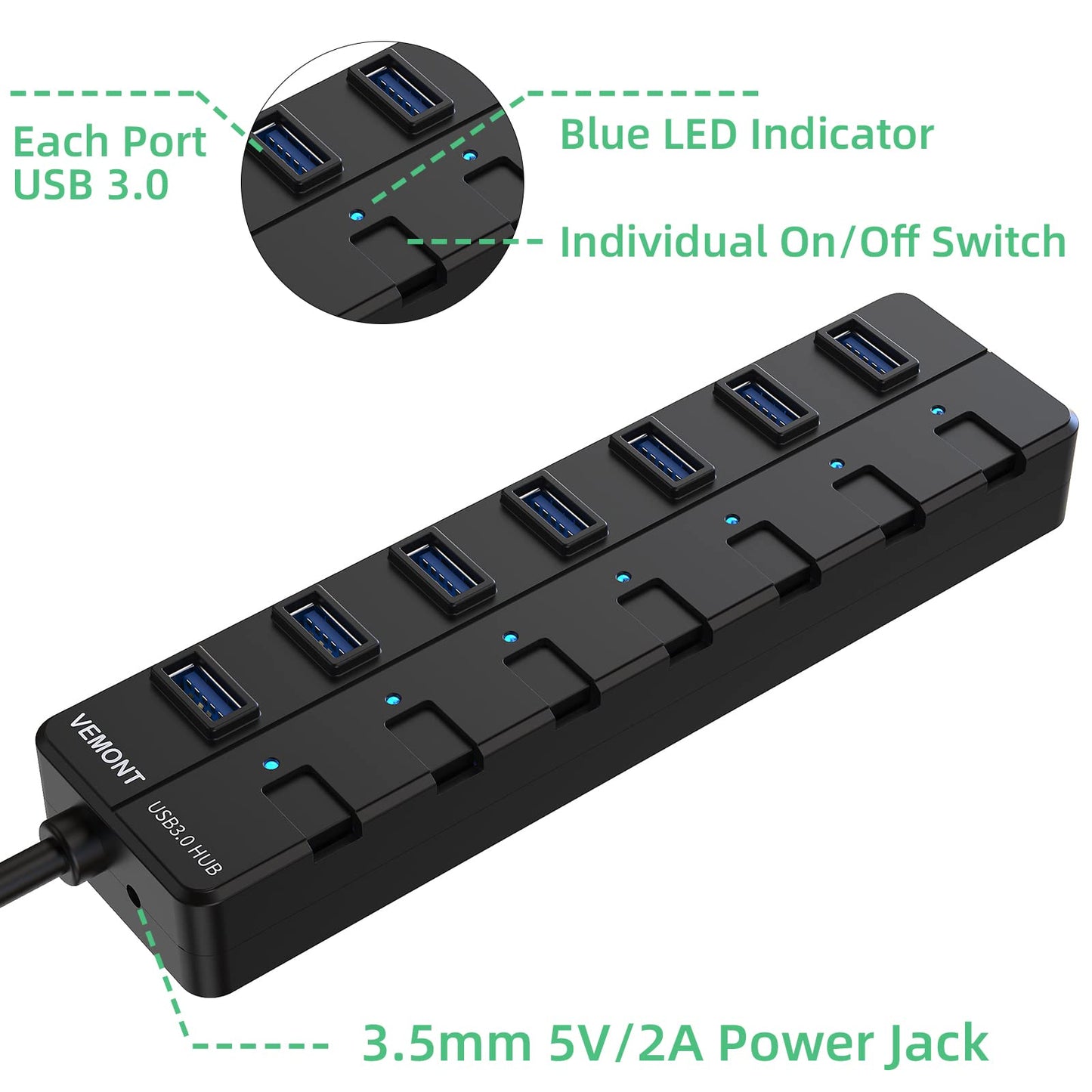 USB 3.0 Hub, VEMONT 7-Port USB Hub USB Splitter mit verlängertem 1.2m Kabel, USB Verteiler mit einzelnen LED Power Schalter für PC/MacBook Air/Pro/Mac Mini/iMac/MacPro/Laptops und weitere USB Geräte