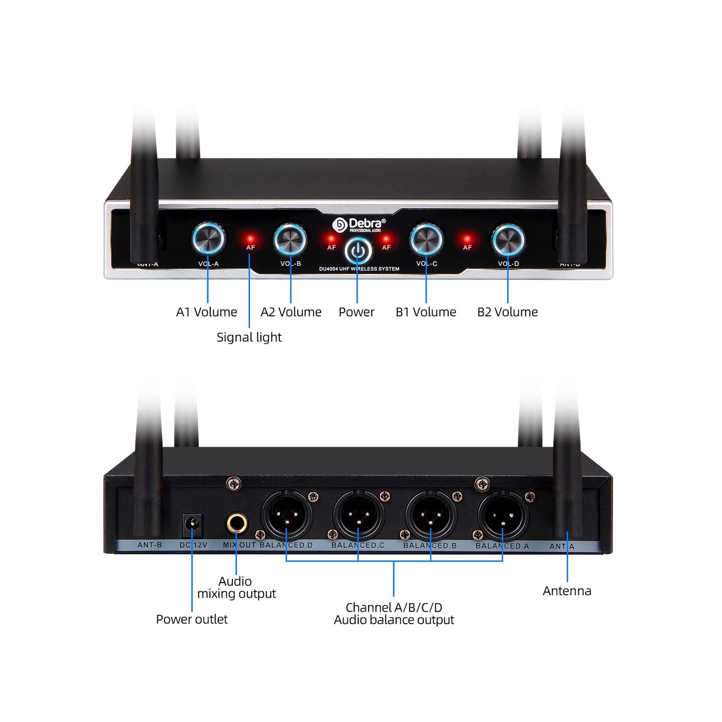 D Debra 4 * 16 Kanal UHF Mikrofon Kabellos Set mit Bodypack Transmitter/Headset Kopfbügel Funkmikrofon/Lavalier Ansteckmikrofonen,80m Reichweite Wireless Microphone für Gesang, Karaoke(4 Bodypack)