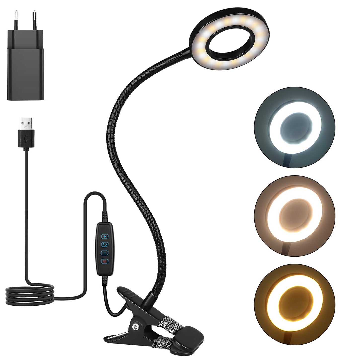 TBTeek LED Klemmleuchten, 48 LED Leselampe Bett Klemmbar, Augenpflege Schreibtischlampe, 3 Modi & 10 Dimmstufen, Klemmleuchte für Büro Heimgebrauch, CE Adapter Enthalten, Schwarz