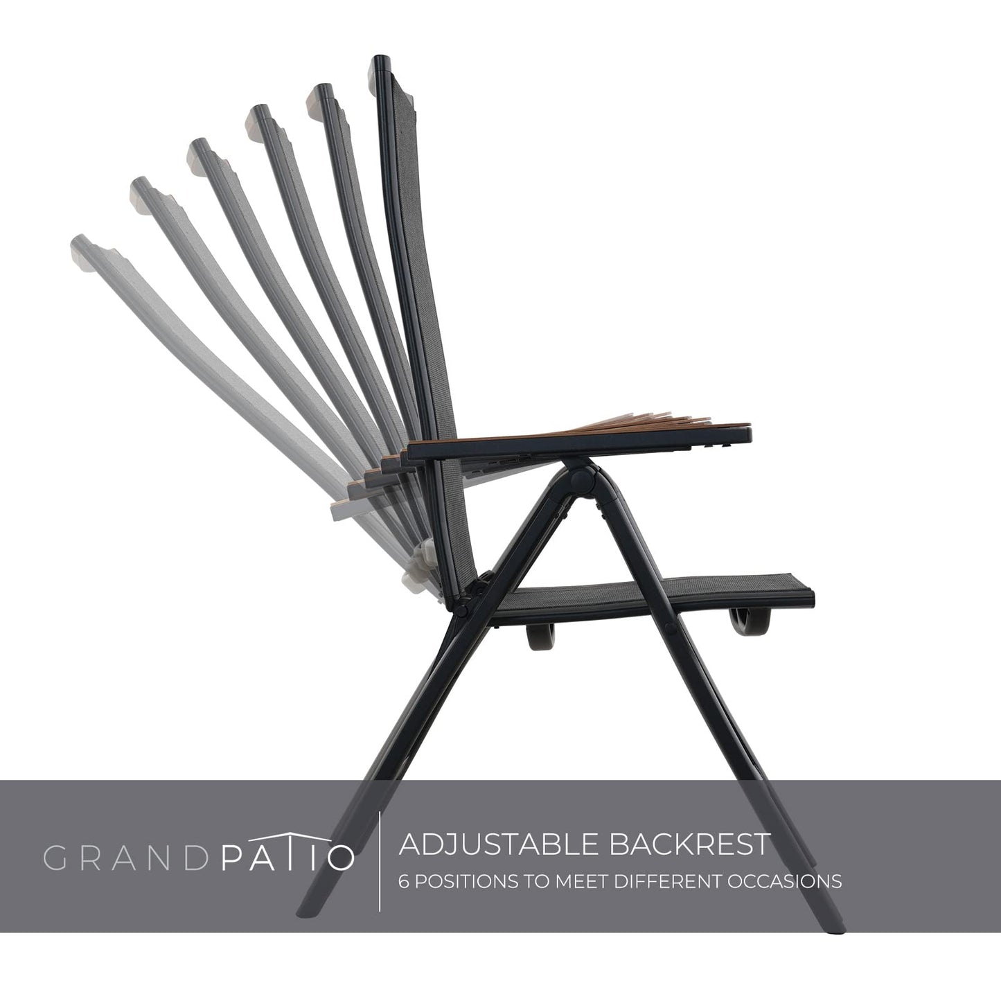 Grand patio Garten Klappstuhl, Aluminium Gartenstühle Hochlehner mit 6-Fach Verstellbare, Mesh Gewebe, Wetterfest, Gartenliege für Balkon, Terrasse (Schwarz)