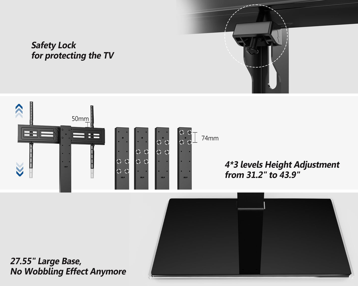 FITUEYES TV Standfuss Universal TV Ständer für 50-85 Zoll Flach & Curved Fernseher bis zu 50kg Schwenkbar Höhenverstellbar Max. VESA 800 * 600