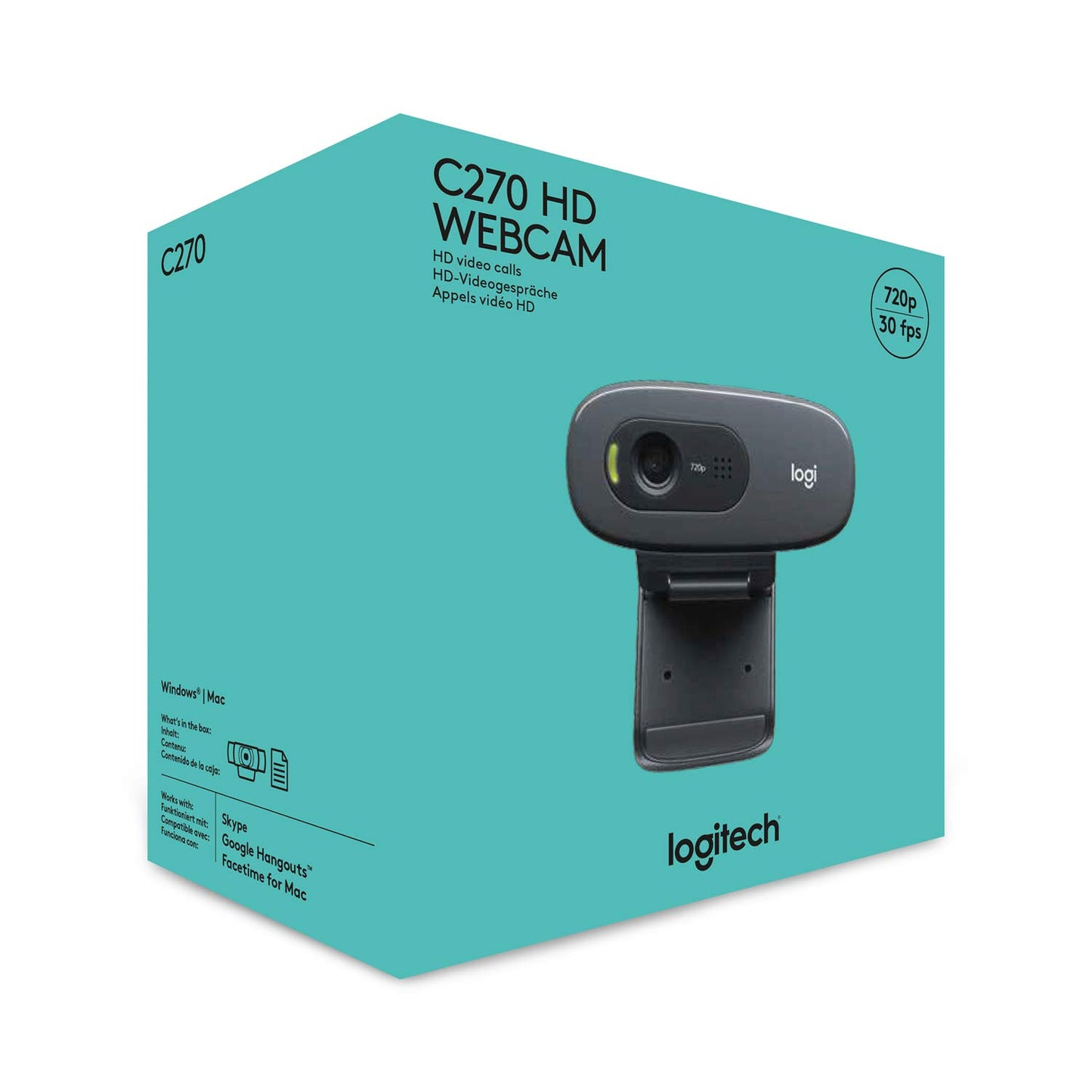 Logitech C270 Webcam, HD 720p, 60° Sichtfeld, Fester Fokus, Belichtungskorrektur, USB-Anschluss, Rauschunterdrückung, Universalhalterung, Für Skype, FaceTime, Hangouts, etc. - Schwarz