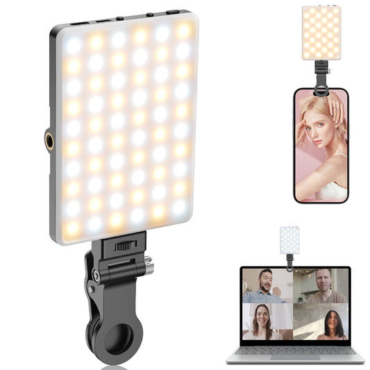 TONEOF Selfie Licht Handy, 60LED Wiederaufladbares Videolicht mit Clip&Zwei 1/4" Schraubenlöchern, 2500K–9000K 3 Lichtmodi, Tragbares Foto Licht für Handy/Laptop/Tablet-Schwarz