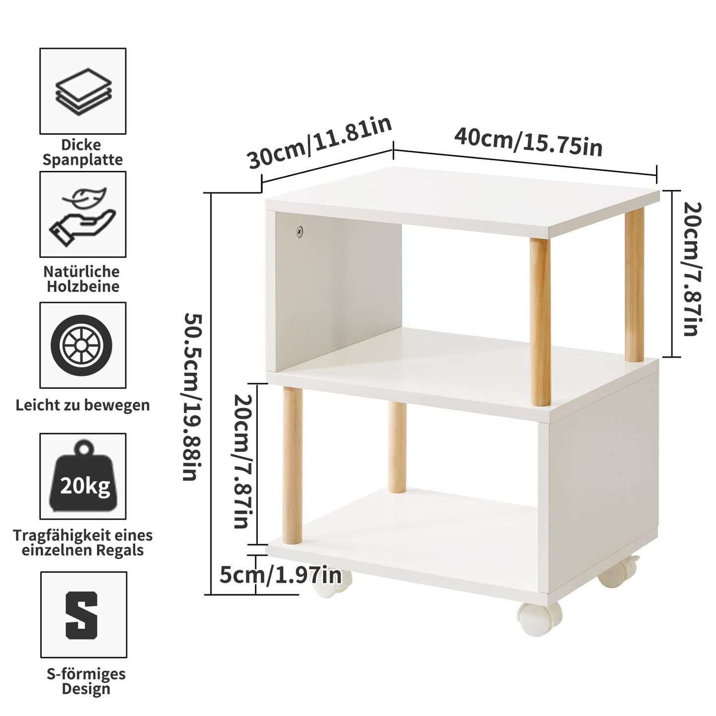 Aibiju 3-stufiger Rollbarer Beistelltisch, Schmaler Nachttisch für kleine Räume, Schlafzimmer, Wohnzimmer