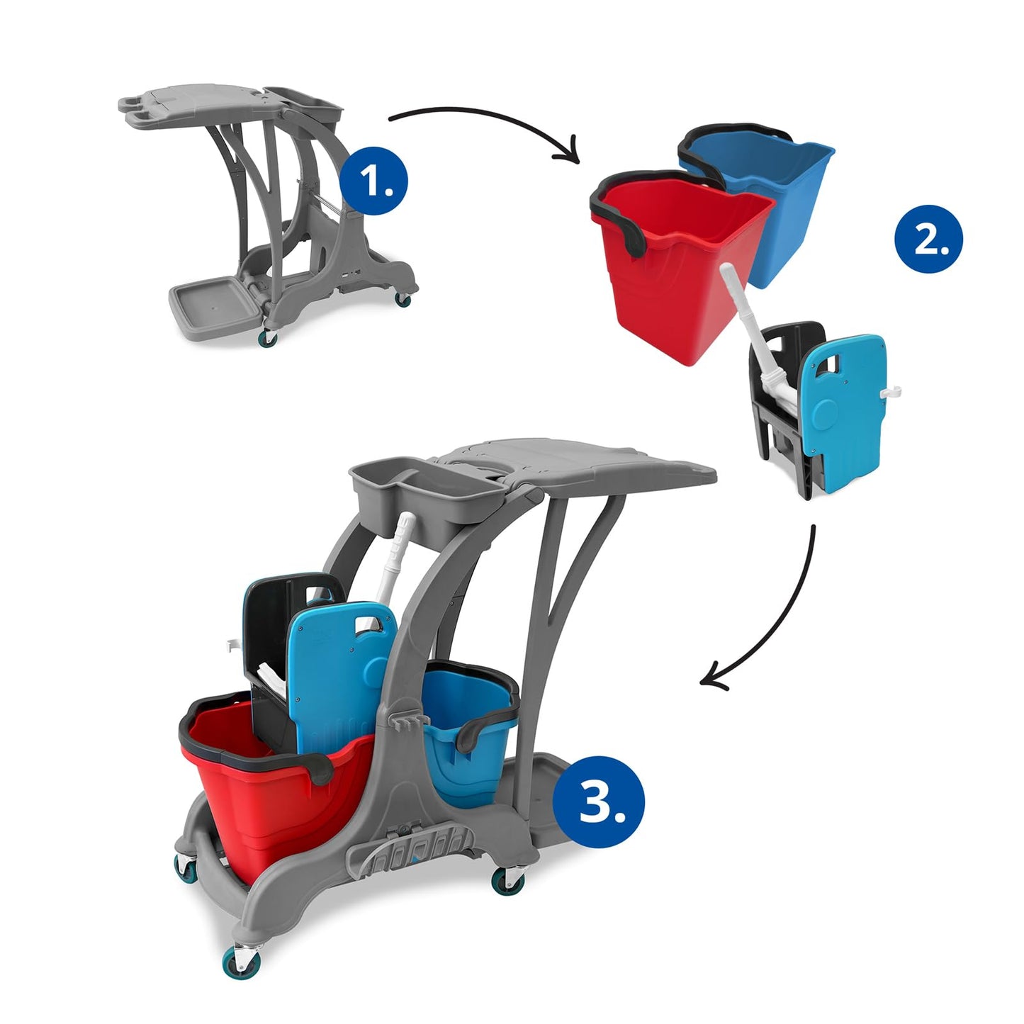 Hypafol Putzwagen Reinigungswagen | 2x25l Eimer | Doppelfahrwagen inkl. Moppresse, Utensilbehälter & Abfall-Eimer | für Gebäudereinigung, Hotelservice, Gastronomie, Großküche, Büroreinigung oder Arzt