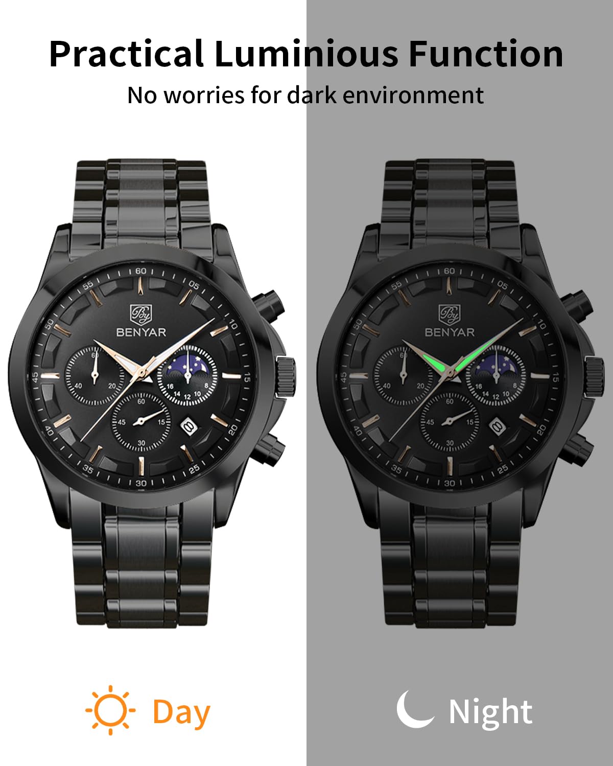 BENYAR Herren Uhr Chronograph Analog Quarz Stilvolle Edelstahlarmband Armbanduhr Wasserdicht Leuchtende Datum Herrenuhren Elegantes Business Uhren Geschenk für Männer