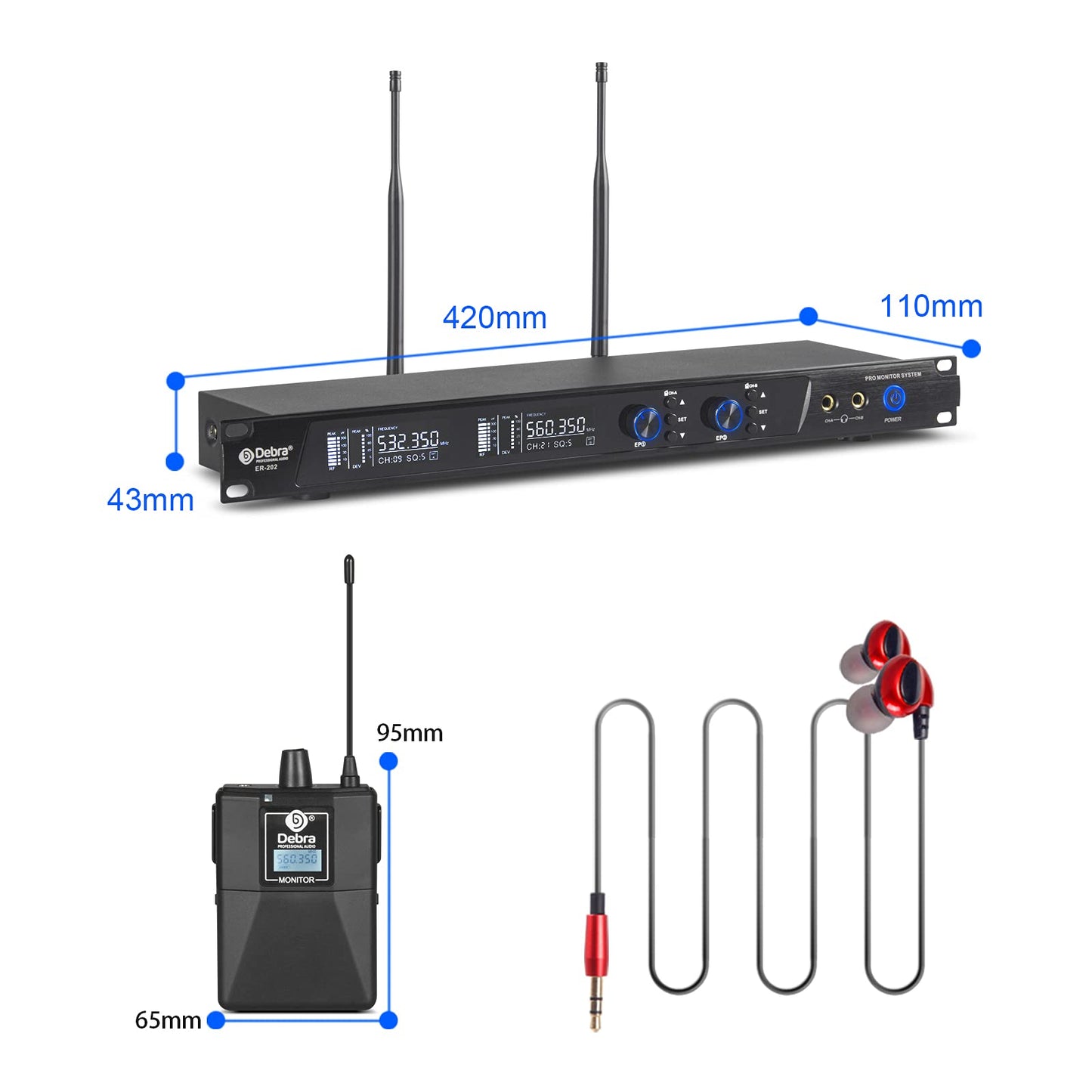 D Debra Audio PRO ER-202 UHF Dual Channel Wireless In-Ear-Monitor-System mit Sender und Empfänger für Bühne, Tonstudio, Musiker, Monitoring (4 Bodypack with Transmitter)