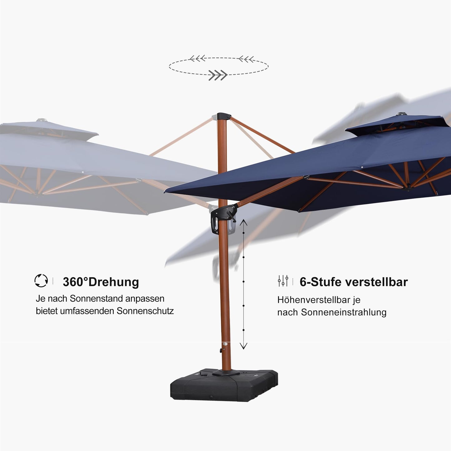 PURPLE LEAF Alu Sonnenschirm Groß Ampelschirm 330 x 330 cm Holzoptik Doppeldach Gartenschirm mit Kurbel 360° Drehbar XXL, Sonnenschutz UV50+, Marineblau