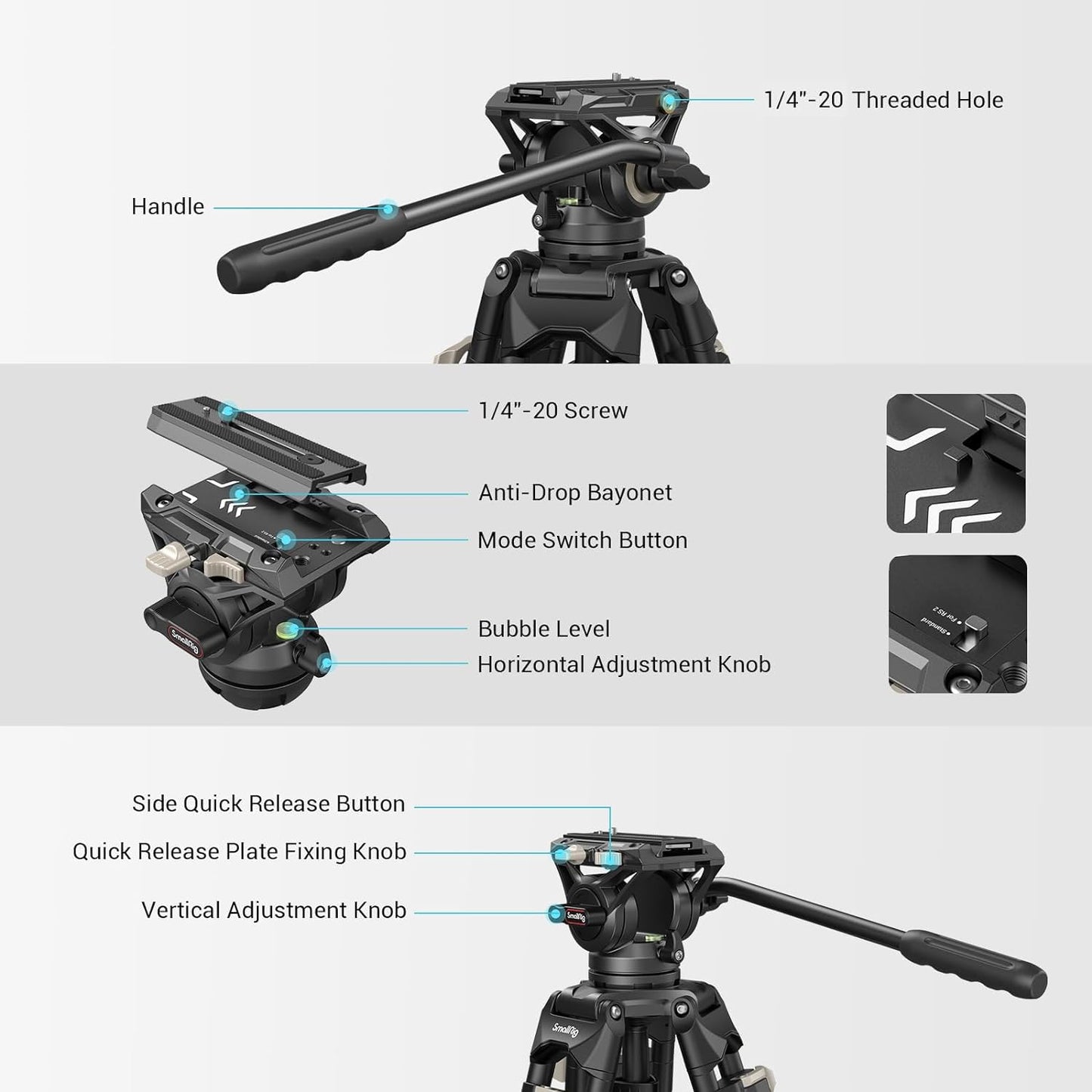 SMALLRIG Videostativ, 73-Zoll (186 cm) Heavy Duty Tripod Hochleistungs Stativ mit 360-Grad-Fluidkopf und Schnellwechselplatte für DSLR, Camcorder, Kameras, Belastbarkeit 8 kg - 3751B