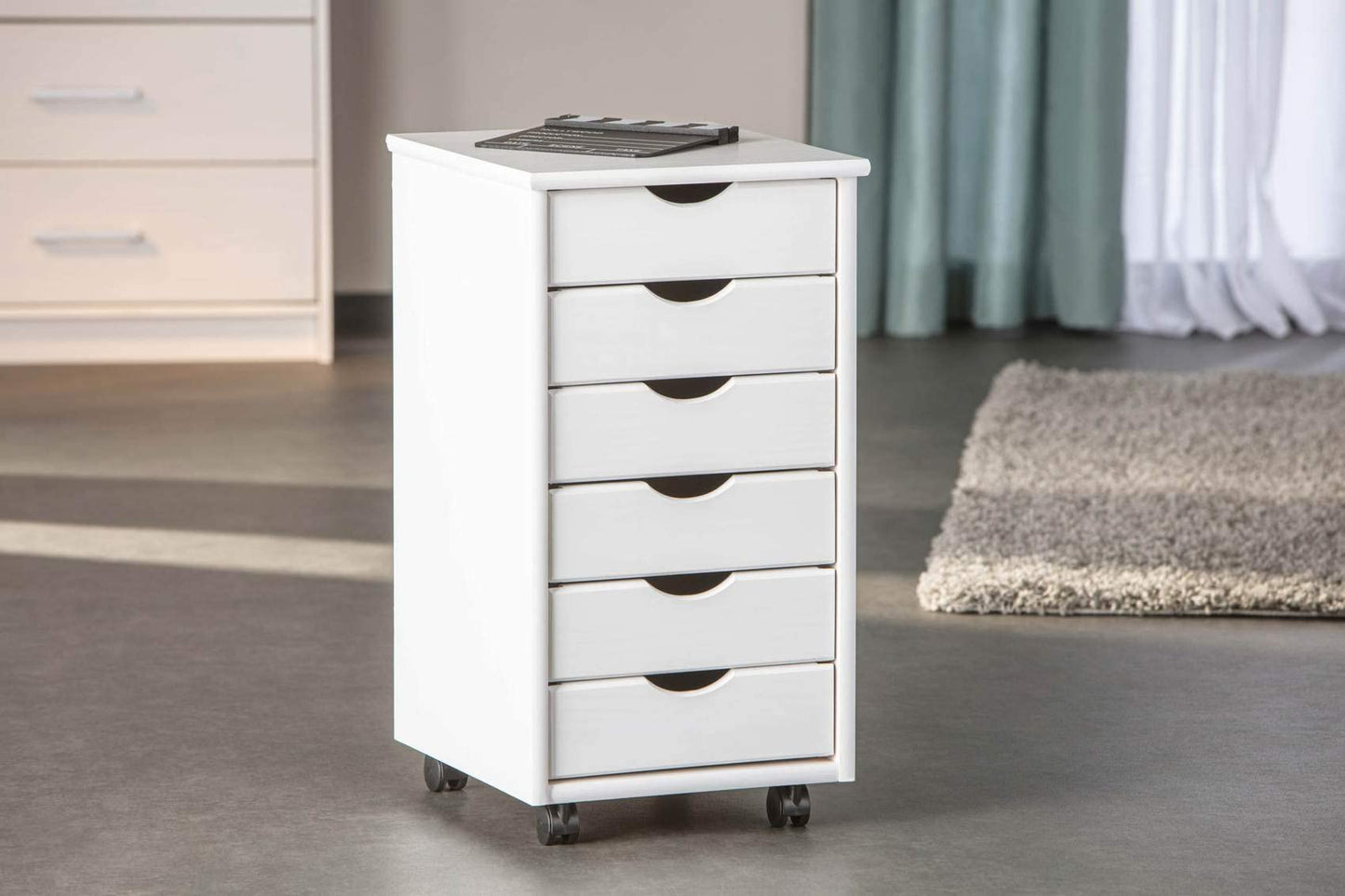 Inter Link – Rollcontainer – Rollcontainer mit 6 Schubladen – Bürocontainer - Rollschrank – Rollwagen – Schubladenkommode - Massiv Kieferholz – Weiß Lackiert - 35 x 40 x 65 cm - Simon