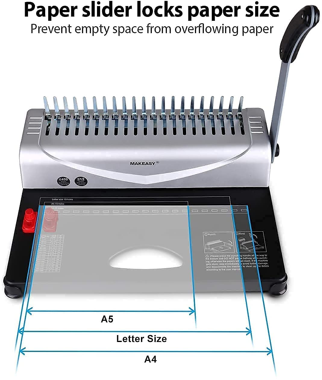 MAKEASY Bindegerät, Bindemaschine, 21 Löcher, bindet 450 Blatt, 12 Blatt Stanzkapazität, mit Starterkit 100 Stück PVC Bindung Stacheln, ideal für tägliche Office-Dokumente