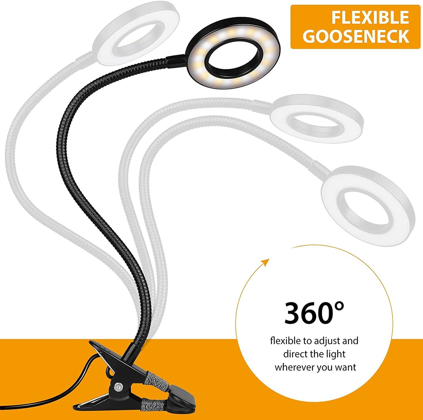 TBTeek LED Klemmleuchten, 48 LED Leselampe Bett Klemmbar, Augenpflege Schreibtischlampe, 3 Modi & 10 Dimmstufen, Klemmleuchte für Büro Heimgebrauch, CE Adapter Enthalten, Schwarz