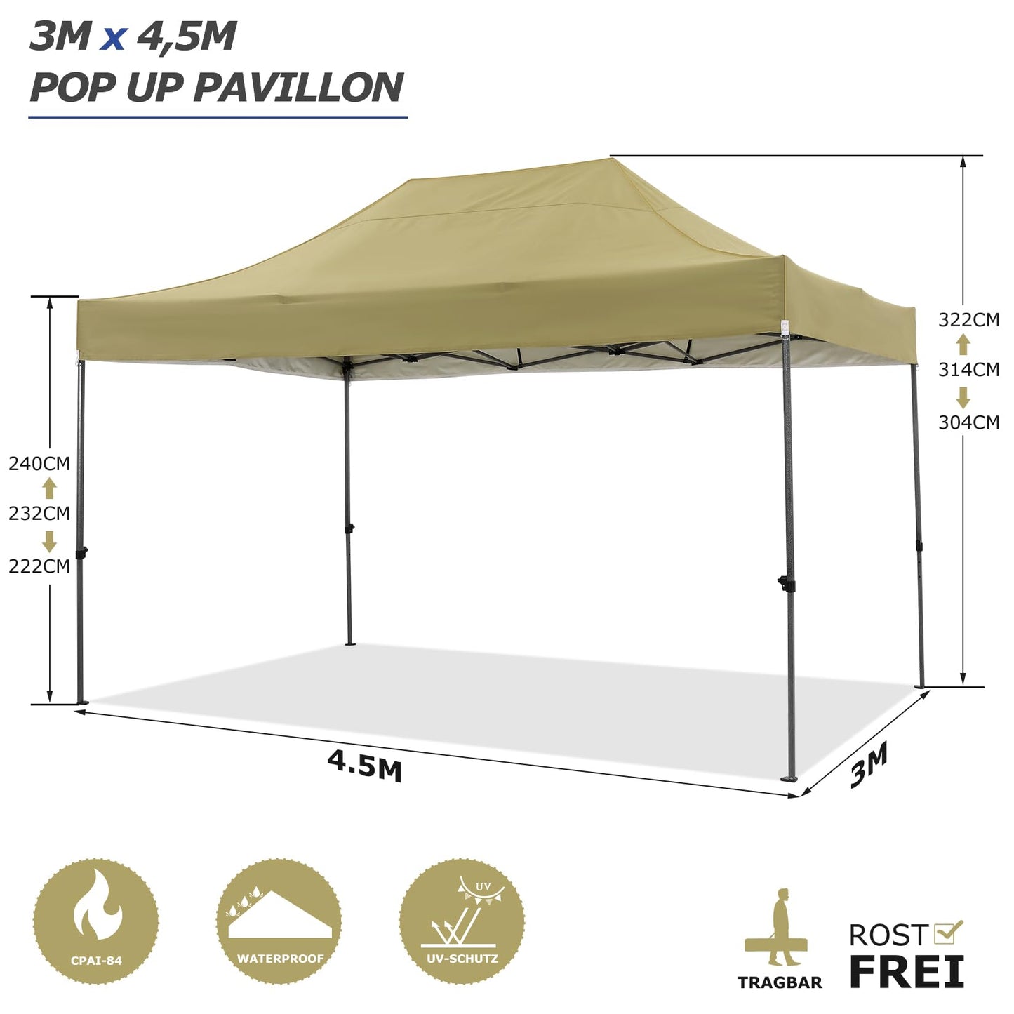 COBIZI Pavillon 3x4,5 wasserdicht stabil Winterfest 2.0, Pavillon 3x4,5 Faltpavillon 3x4,5 Partyzelt, Gartenpavillon UV Schutz mit 3 Seitenteilen Festival Partyzelt Sonnenschutz Pavillon, Khaki
