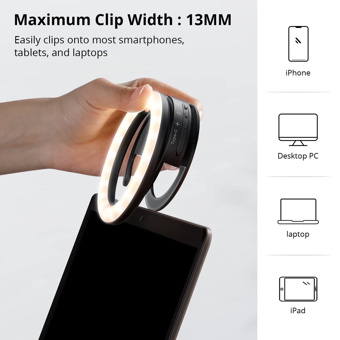 ATUMTEK Ringlicht Laptop, Videokonferenz Licht Beleuchtungsset mit Clip&Stativ, Desktop 4" Selfie-Licht mit 3 Beleuchtungsmodi&5 Helligkeiten, dimmbar für Video-Streaming, Videoanruf, Meeting Schwarz