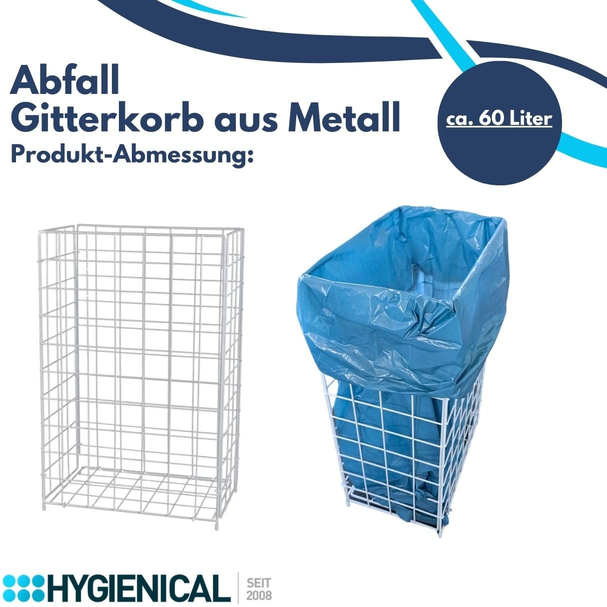 Hygienical Betriebsbedarf Gitterkorb für Müllbeutel, Metallgitterkorb, Wäschekorb, Gitterkorb Metall, ca. L: 40 x B: 25 x H: 62cm, weiß, 1 Stück