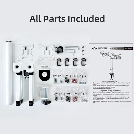 Bracwiser Monitor Halterung 2 Monitore 27 Zoll verstellbare Tischhalterung für 13–27 Zoll, bis zu 10 kg pro Arm, VESA 75 x 75 mm/100 x 100 mm Zusammenklappbarer Monitorarm Monitor Halterung weiß