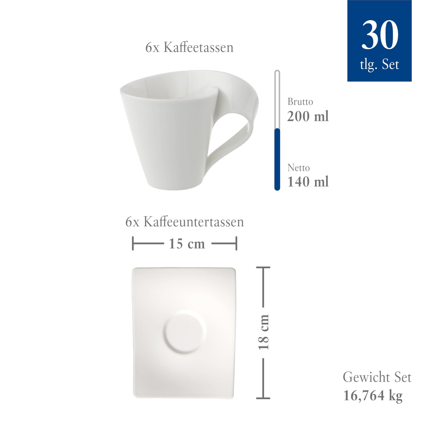 Villeroy & Boch – Newwave Basic Tafelservice 30 Teilig, Geschirr Set Für 6 Personen, Spülmaschinenfest, Geschirrset, Service, Teller, Tassen, Weiß, Keramik, Premium Porzellan