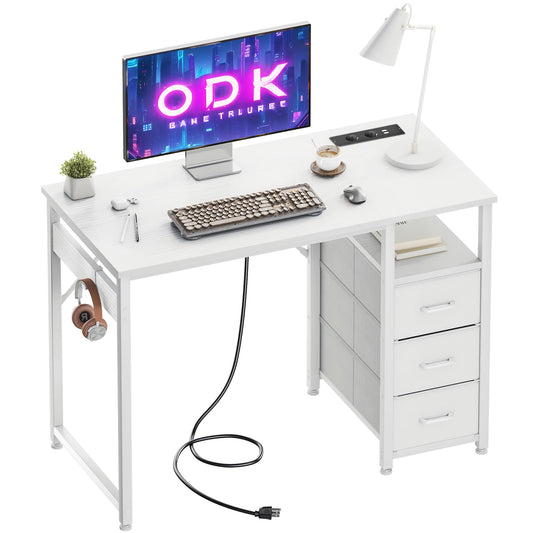 ODK Kleiner Schreibtisch mit 3 Schubladen aus Stoff, Computertisch mit 2 Steckdosen und USB-Anschlüssen, Umkehrbarer PC-Schreibtisch Bürotisch für kleines Home Office(Weiß, 100x48x75,5 cm)