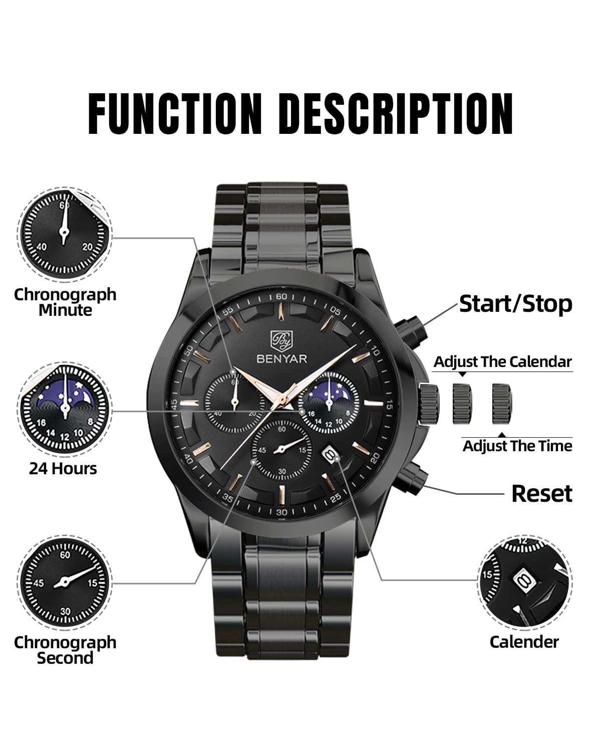 BENYAR Herren Uhr Chronograph Analog Quarz Stilvolle Edelstahlarmband Armbanduhr Wasserdicht Leuchtende Datum Herrenuhren Elegantes Business Uhren Geschenk für Männer